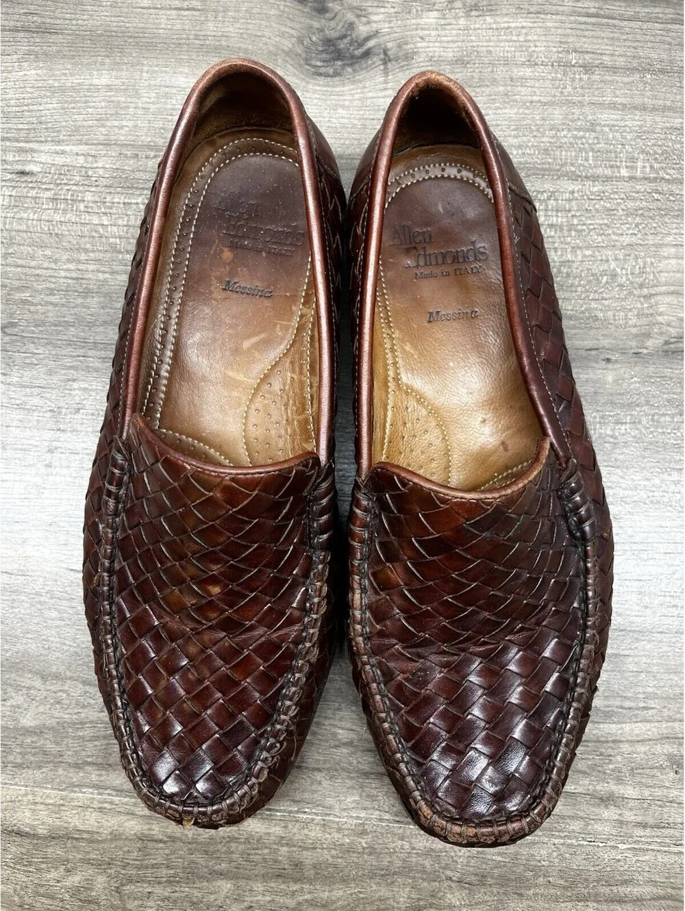 Allen Edmonds Messina Moc Loafers Men’s 7.5 EEE Weave Intrecciato Brown Italy